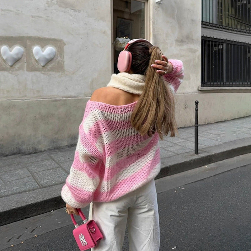 Loose Striped Pullover Sweater Fashion Versatile Long-sleeved Knitted Tops Women Clothing