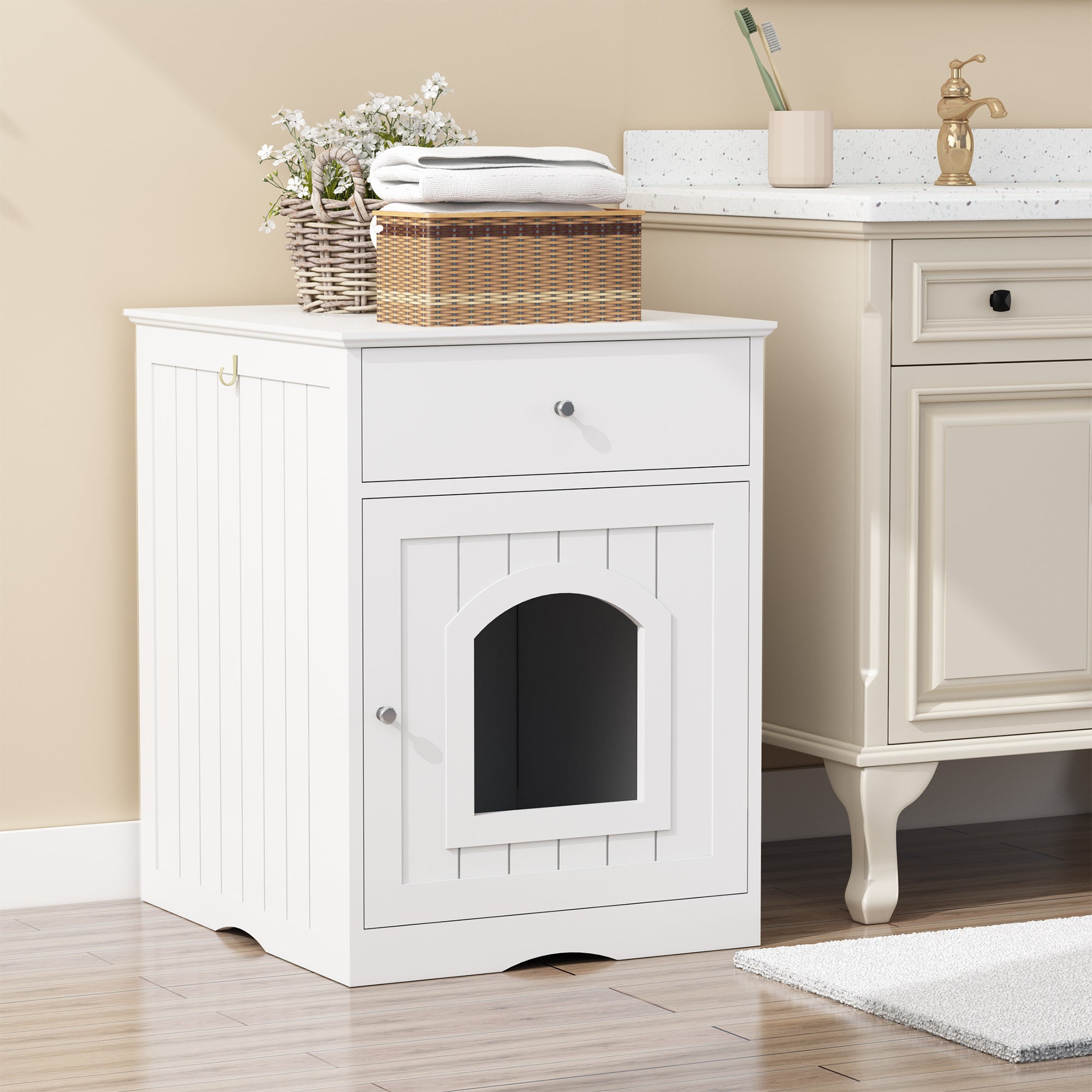 Wooden Pet House Litter Box Fence with Drawers